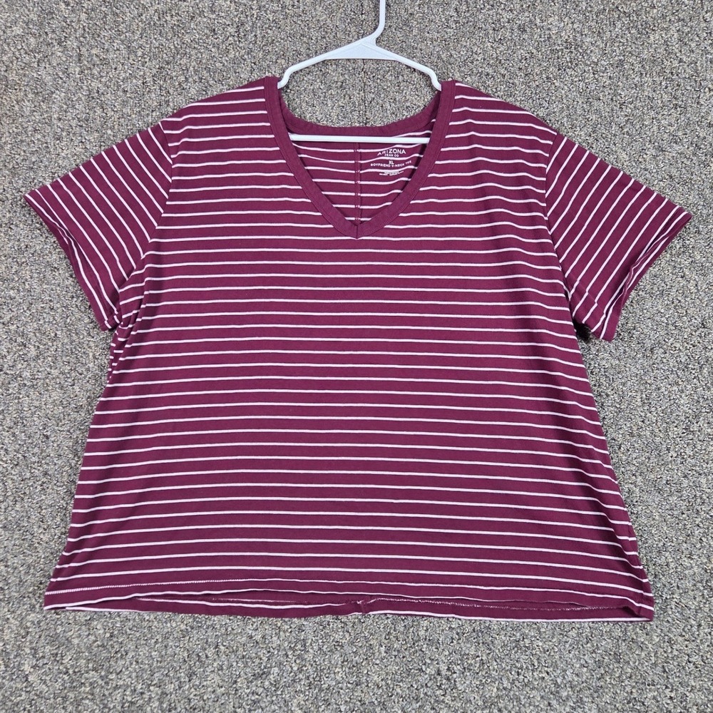 Arizona Jean Co. V-Neck Tee Women XL Burgundy Striped Boyfriend Short Sleeve